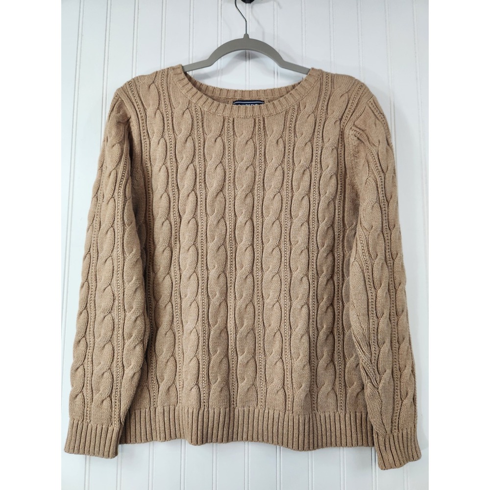 Lands End Womens Cable Knit Sweater Tan Camel 100% Cotton Petite Large 14-16